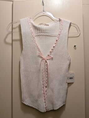 Altar'd State White Ribbed Tie-Front Tank with Pink Trim